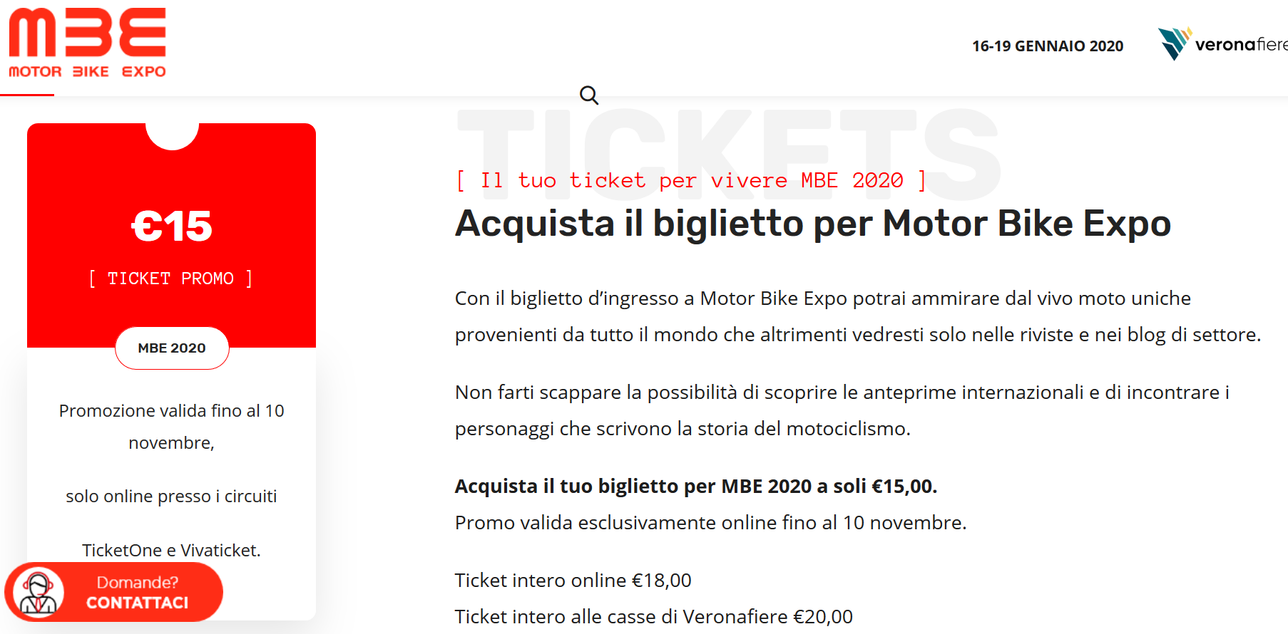 Motor Bke Expo 2020, biglietti scontati.