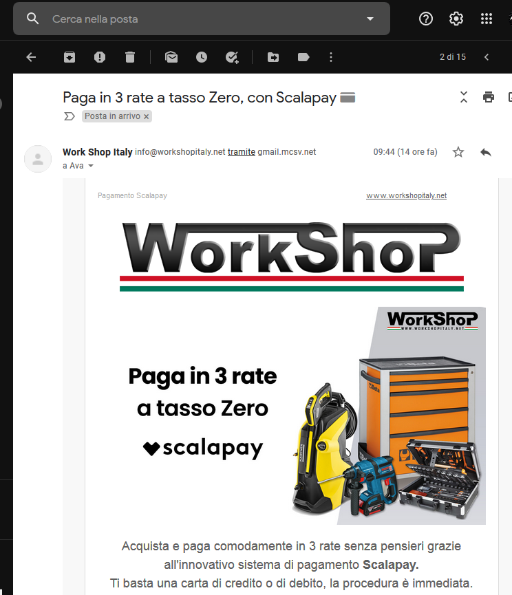 Una mail promozionale di WorkShop Italy, con la proposta di pagamento a tasso zero senza finanziamento.
